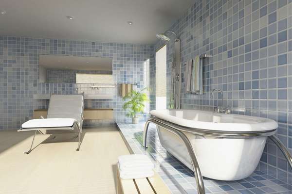 Blue and Gray Patterned Shower Tiles