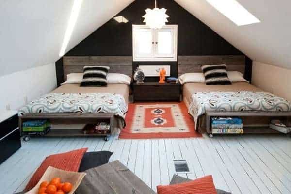 Twin Bed with Storage Crates and Wooden Headboard