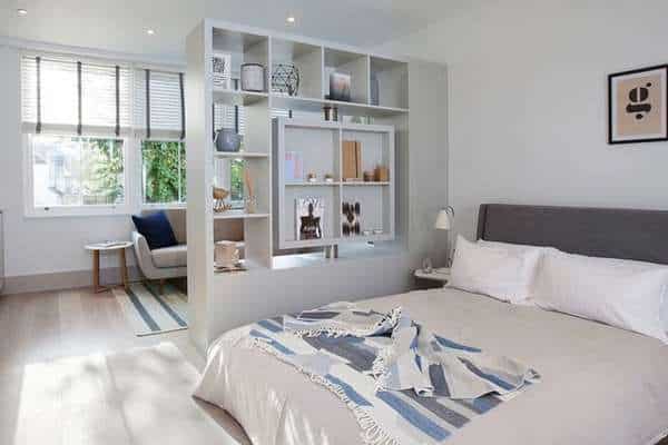 Use Shelves As a Room Divider in  Divide a Bedroom Into two Rooms