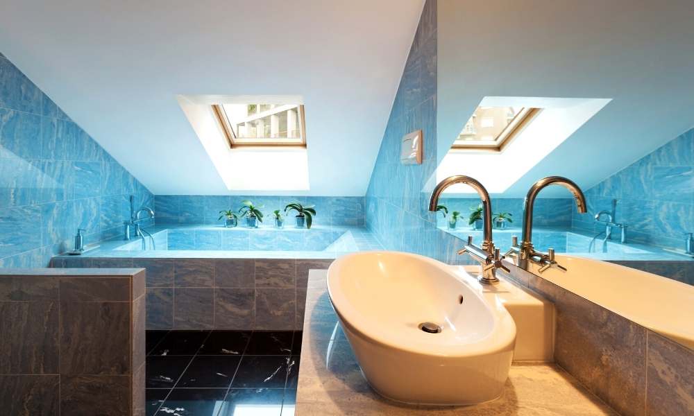 Blue And Brown Bathroom
