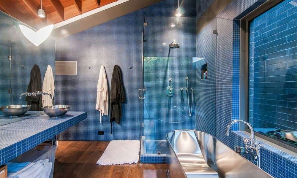 Use Shower For Brown And Blue Bathroom .