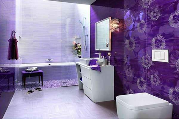 Purple And Gray Bathroom Saturate The Walls
