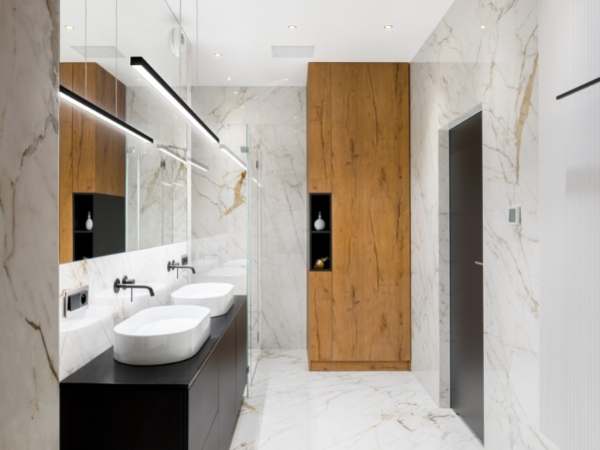 Wood And Marble Bathroom Ceiling